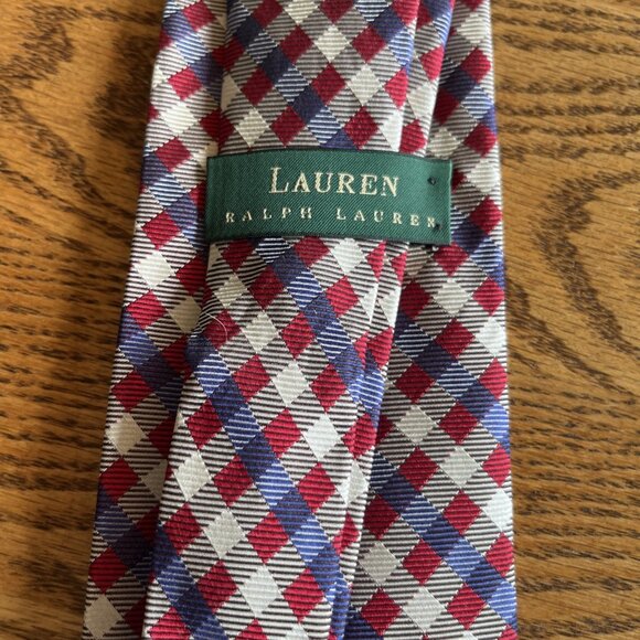 Lauren Ralph Lauren 57” Necktie 100% Silk Red Blue Cream Plaid Designer Tie - Picture 3 of 7